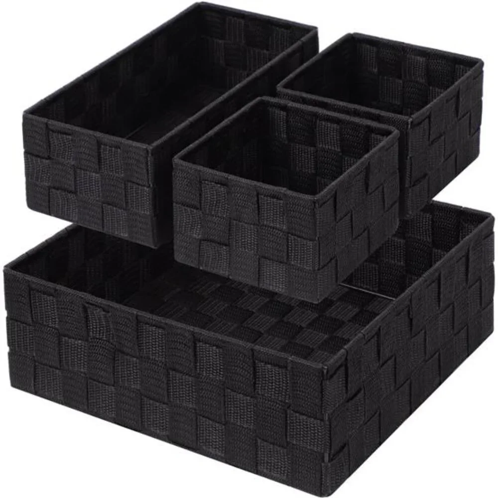 Woven Storage Baskets Set of 4 Black Organizer Bins for Drawer Closet Shelf